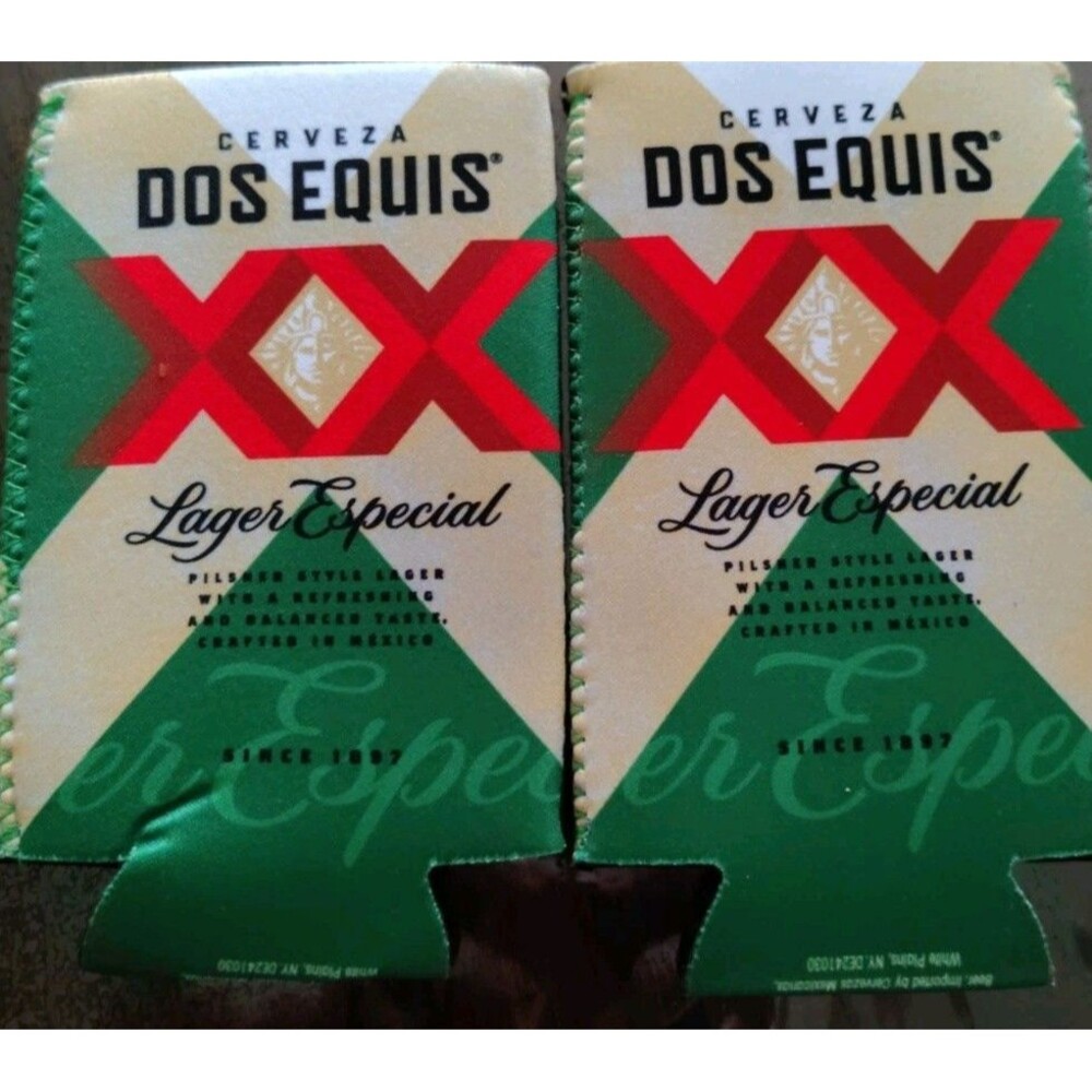 2 Dos Equis XX Lager Especial Beer Can Cooler Koozie Green Foam Sleeve NEW